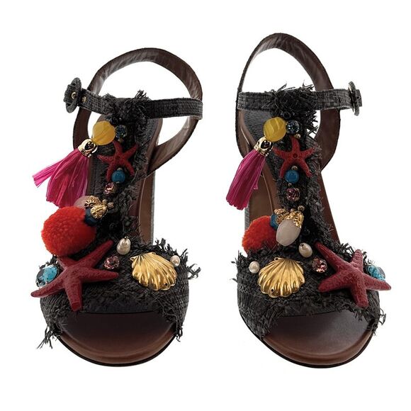 Dolce & Gabbana Women's Tropical Embellished Raffia High Heel Sandals-EU37 - Picture 2 of 4